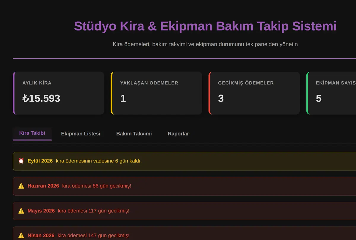 Stüdyo Kira & Ekipman Bakım Takip Sistemi ekran görüntüsü