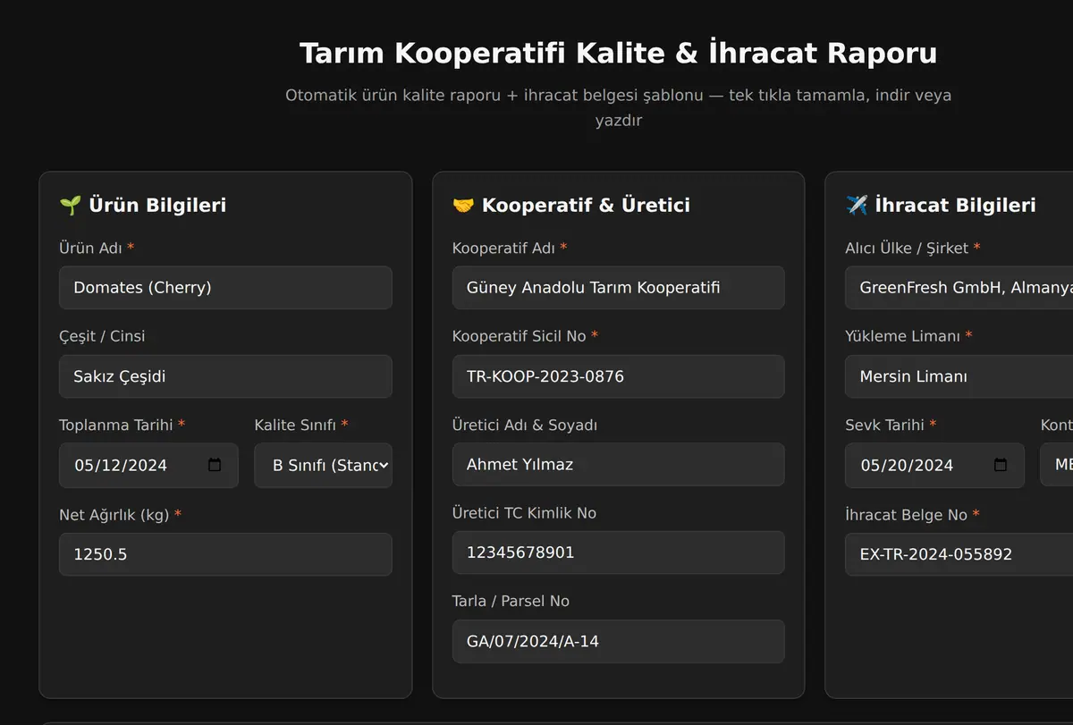 Tarım Kooperatifi Kalite & İhracat Raporu ekran görüntüsü