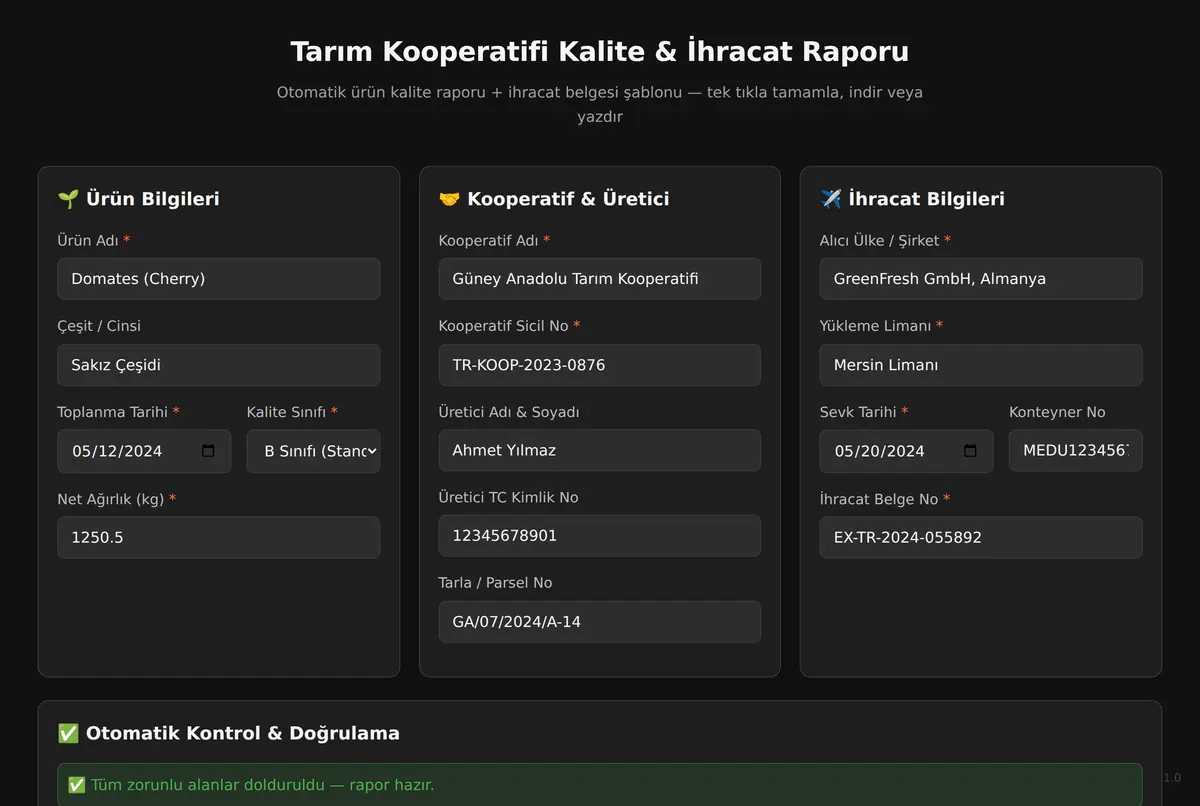 Tarım Kooperatifi Kalite & İhracat Raporu ekran görüntüsü 2