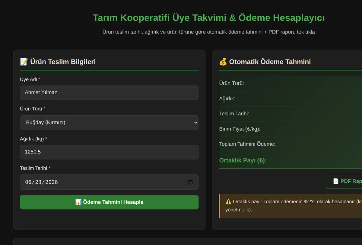 Tarım Kooperatifi Üye Takvimi & Ödeme Hesaplayıcı ekran görüntüsü