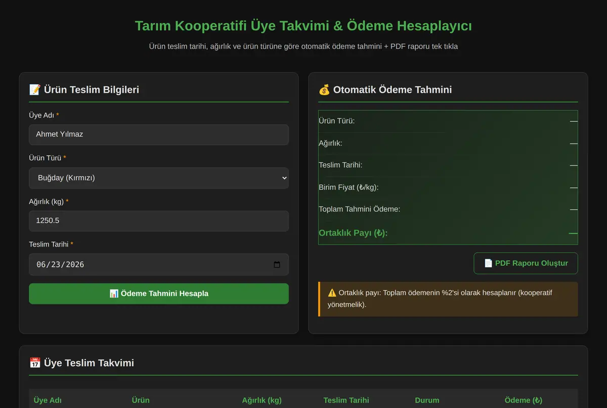 Tarım Kooperatifi Üye Takvimi & Ödeme Hesaplayıcı ekran görüntüsü 2