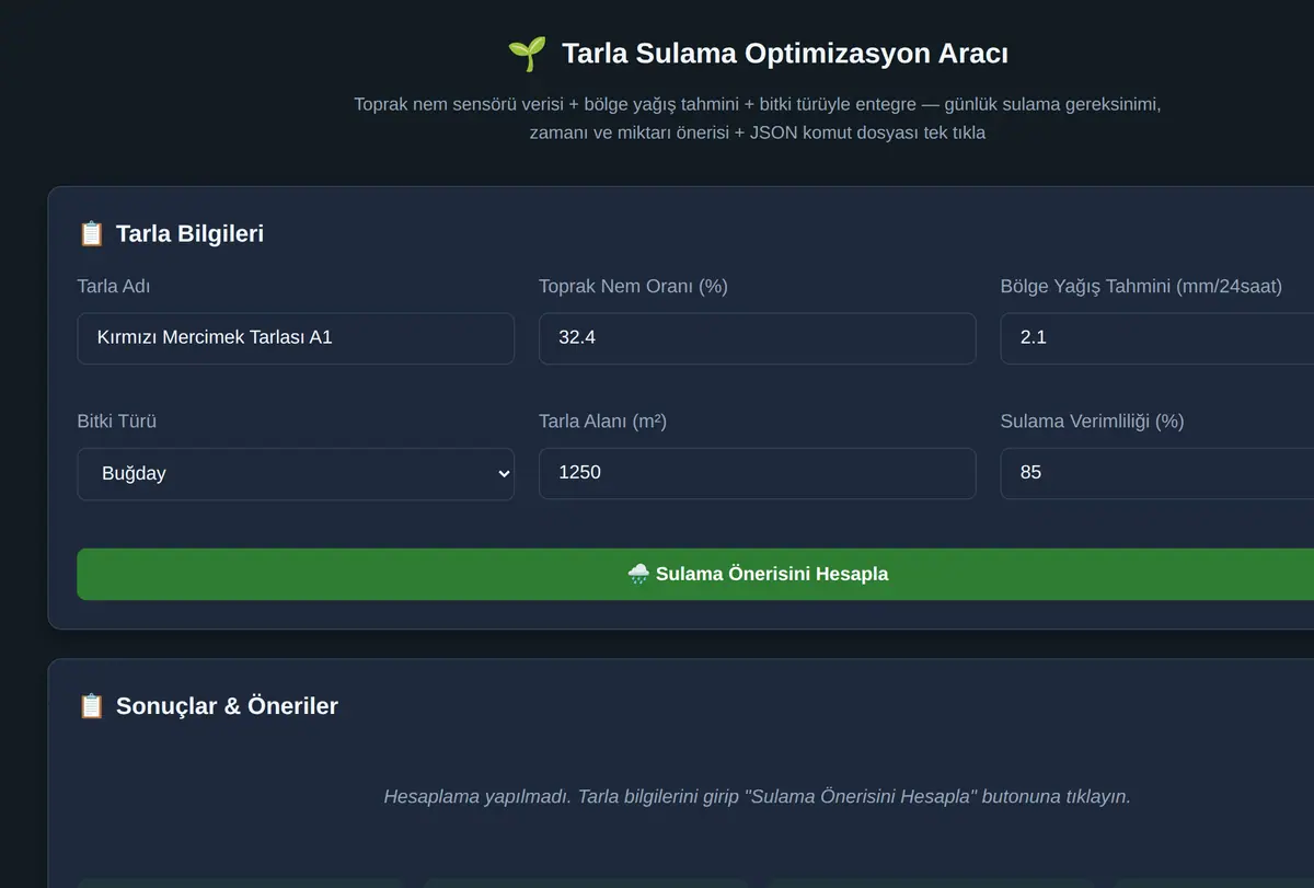 Tarla Sulama Optimizasyon Aracı ekran görüntüsü