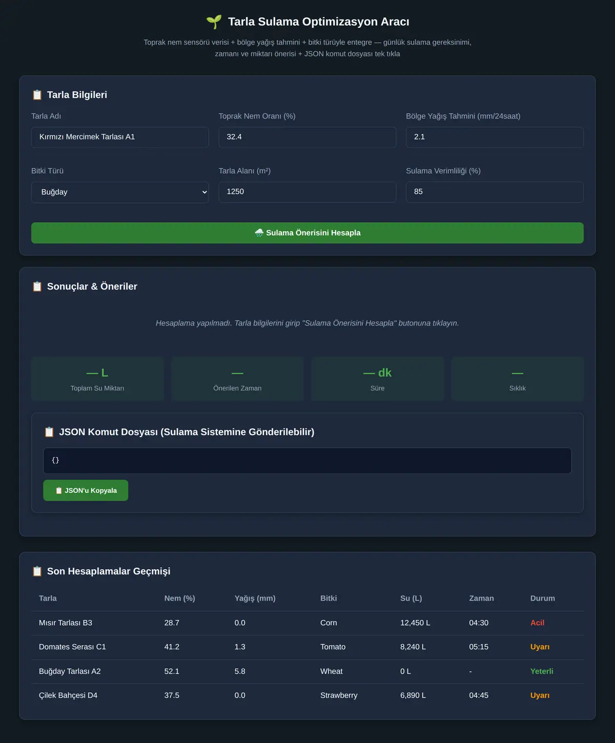 Tarla Sulama Optimizasyon Aracı ekran görüntüsü 3
