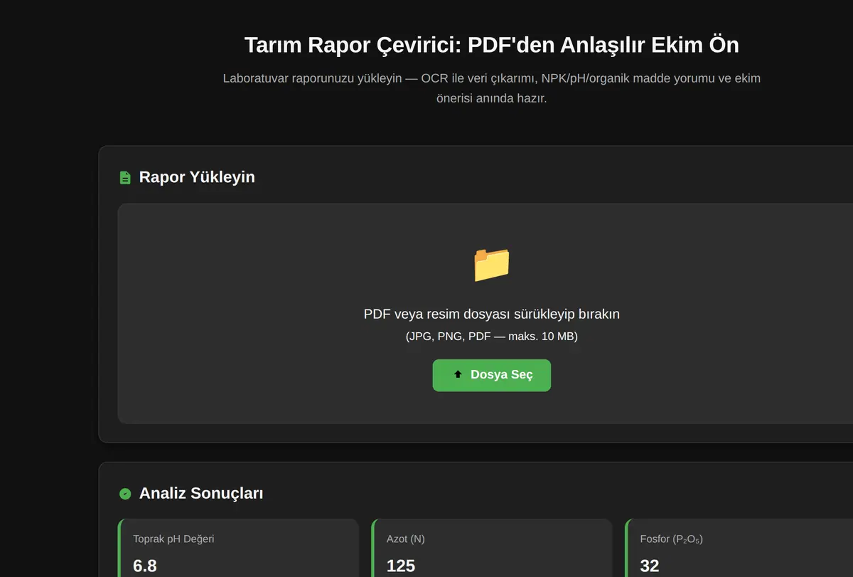Tarım Rapor Çevirici: PDF'den Anlaşılır Ekim Ön ekran görüntüsü