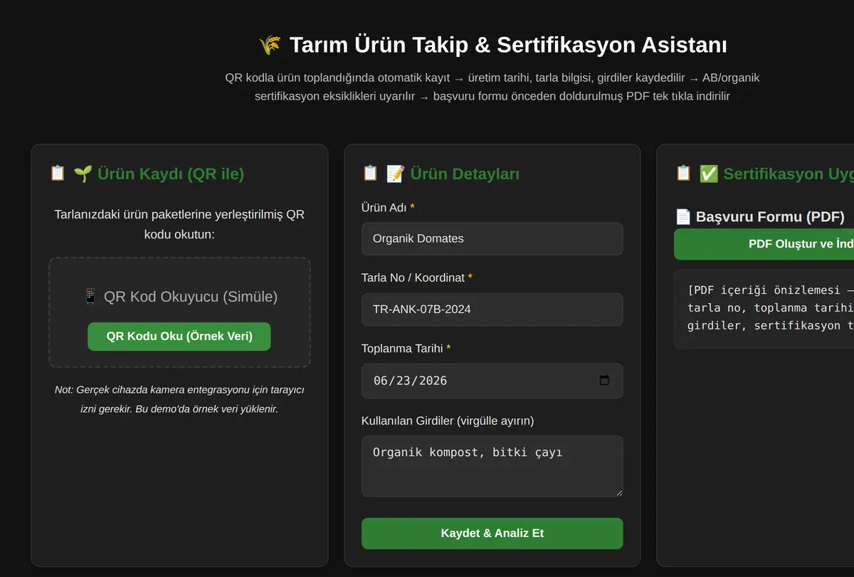 Tarım Ürün Takip & Sertifikasyon Asistanı ekran görüntüsü