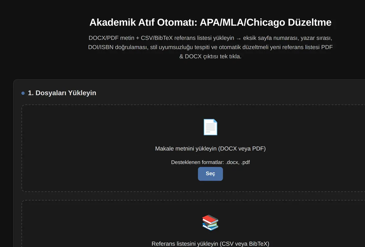 Akademik Atıf Otomatı: APA/MLA/Chicago Düzeltme ekran görüntüsü