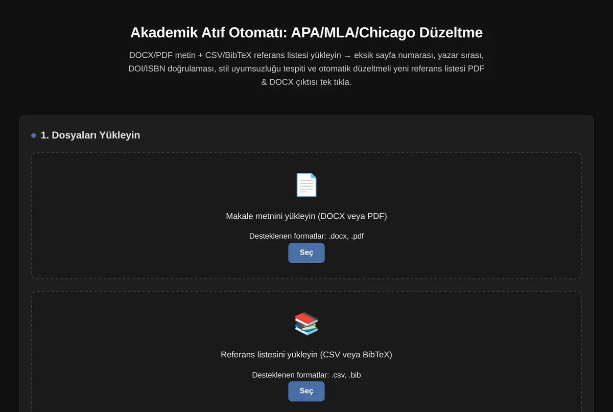 Akademik Atıf Otomatı: APA/MLA/Chicago Düzeltme ekran görüntüsü 2