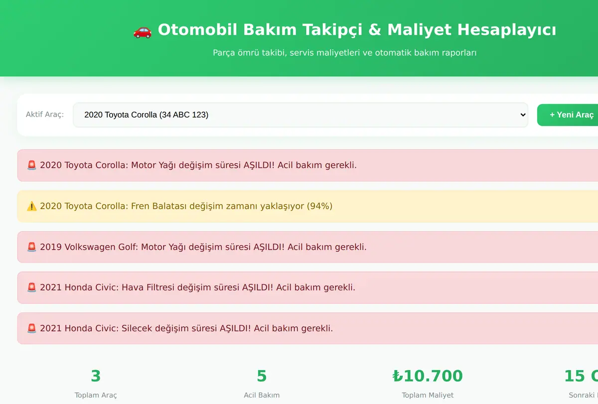 Otomobil Bakım Takipçi & Maliyet Hesaplayıcı ekran görüntüsü