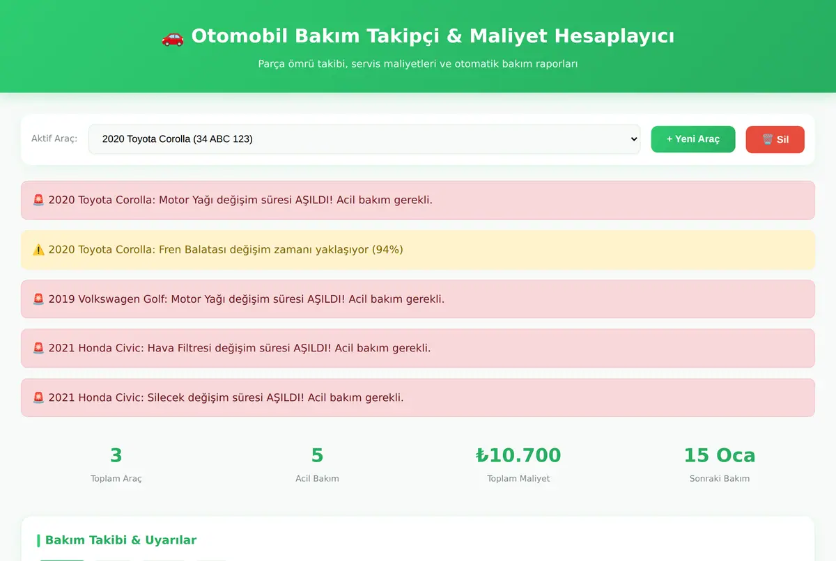 Otomobil Bakım Takipçi & Maliyet Hesaplayıcı ekran görüntüsü 2