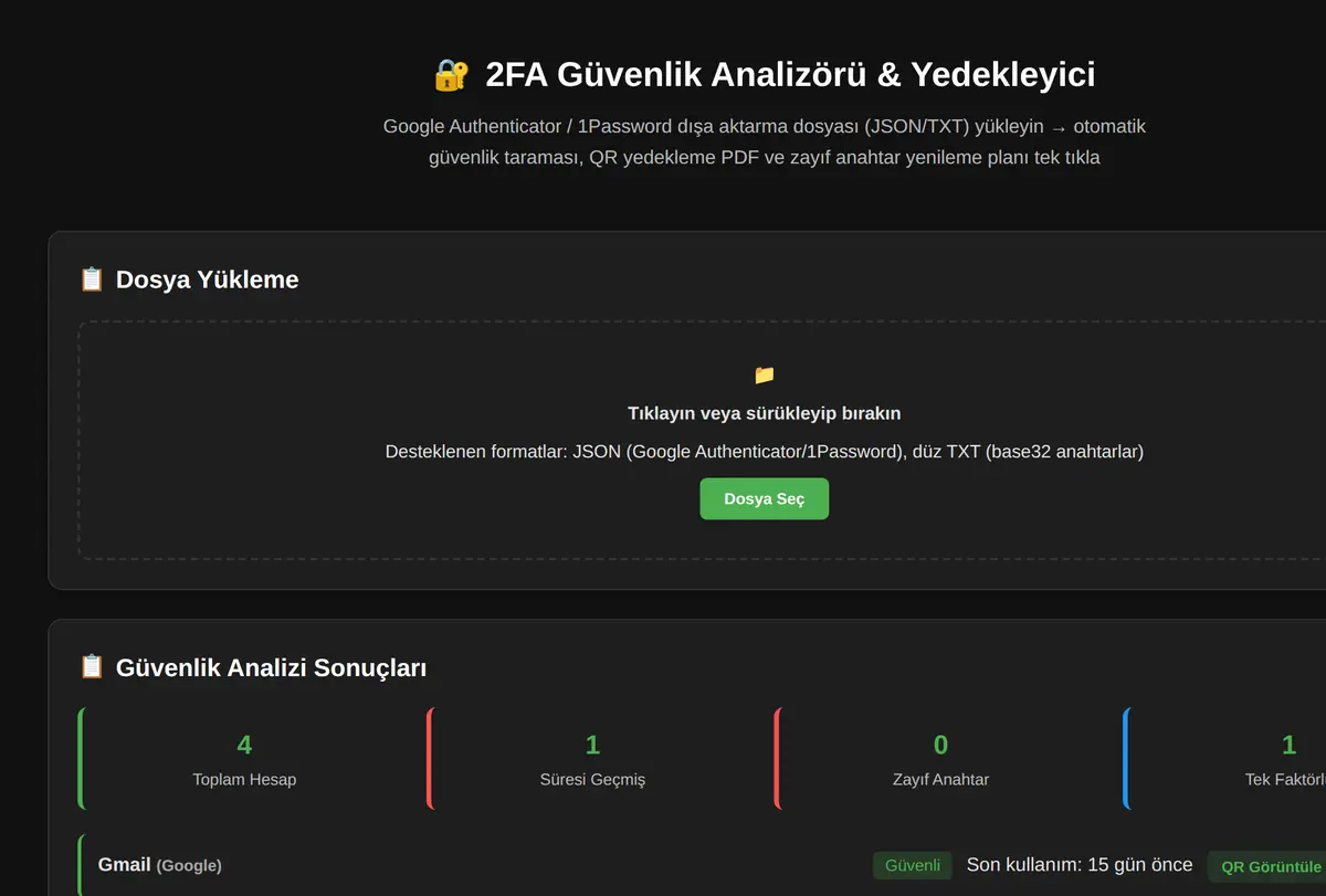 2FA Güvenlik Analizörü & Yedekleyici ekran görüntüsü