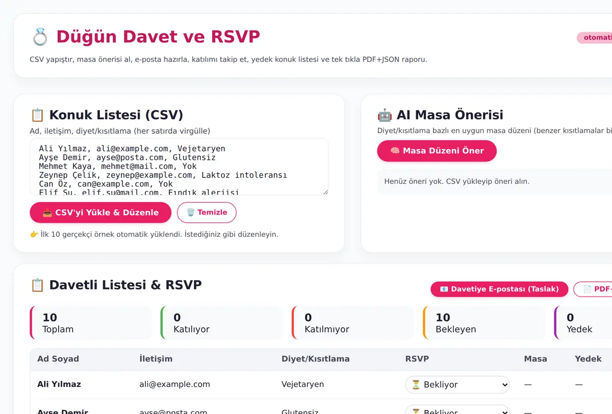 Düğün Davet ve RSVP Yönetim Aracı ekran görüntüsü
