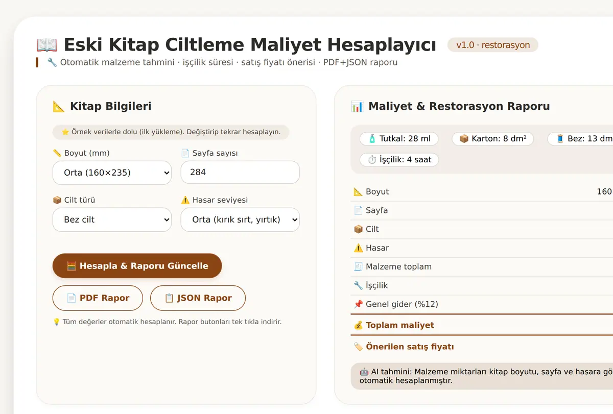 Eski Kitap Ciltleme Maliyet Hesaplayıcı & Rapor ekran görüntüsü