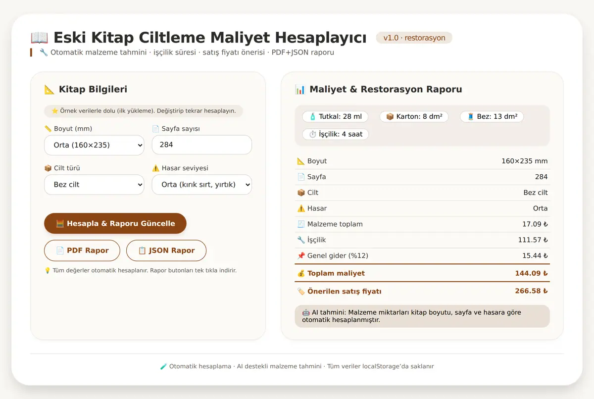 Eski Kitap Ciltleme Maliyet Hesaplayıcı & Rapor ekran görüntüsü 2
