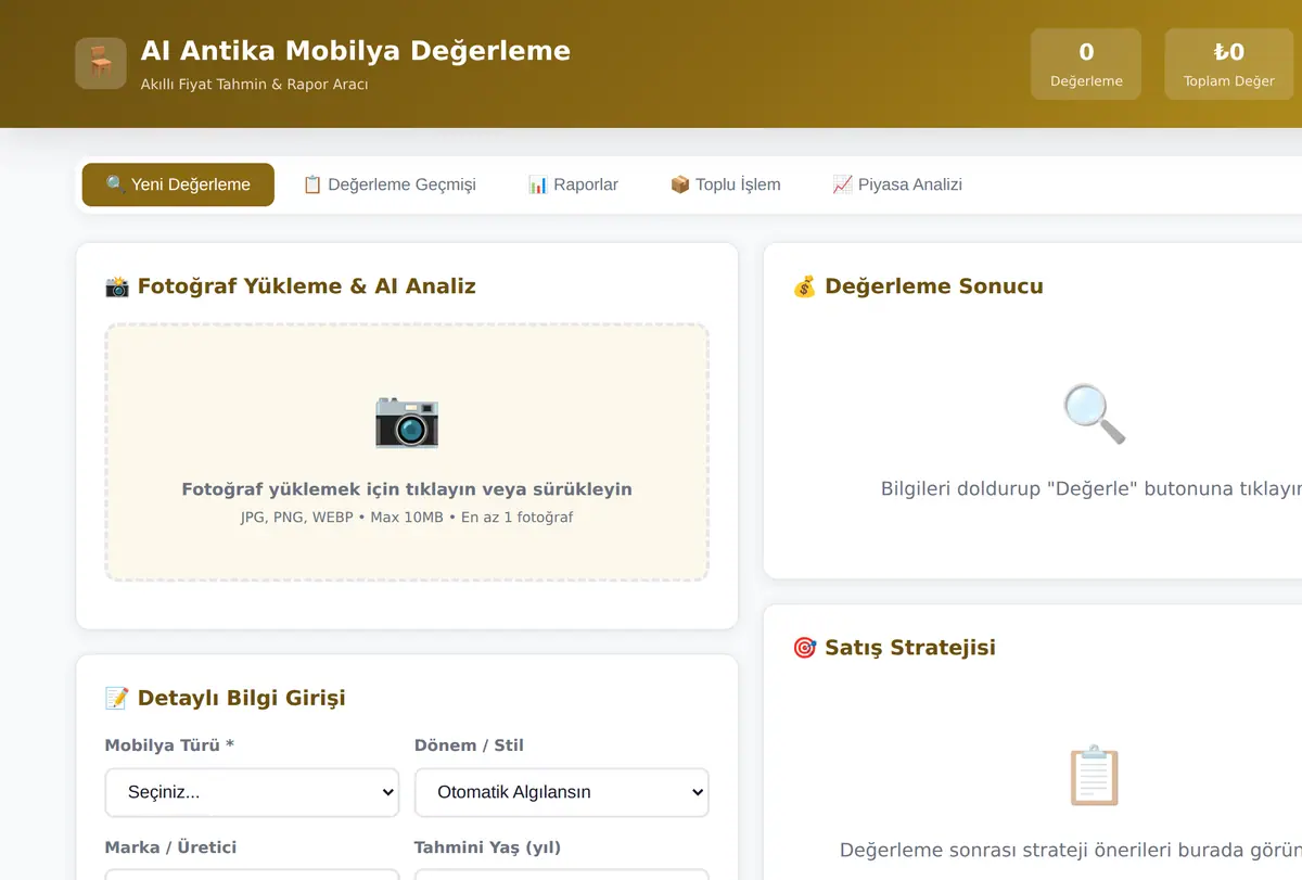 AI Antika Mobilya Değerleme ve Fiyat Tahmin Aracı ekran görüntüsü
