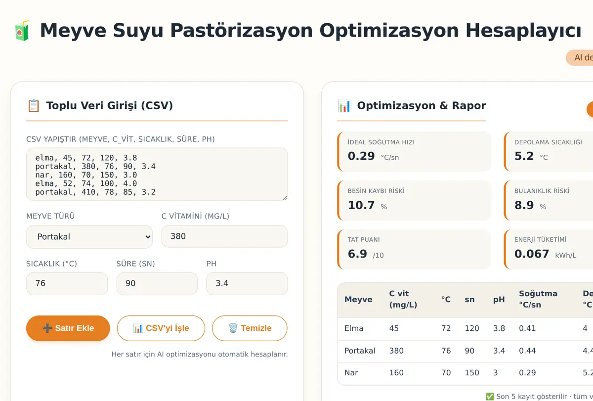 Meyve Suyu Pastörizasyon Optimizasyon Hesaplayıcı ekran görüntüsü