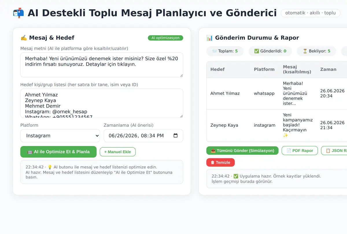 AI Destekli Toplu Mesaj Planlayıcı ve Gönderici ekran görüntüsü