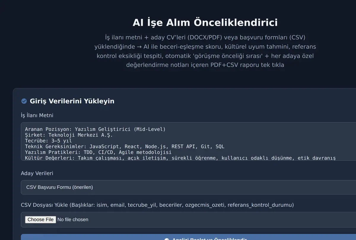 AI İşe Alım Önceliklendirici ekran görüntüsü
