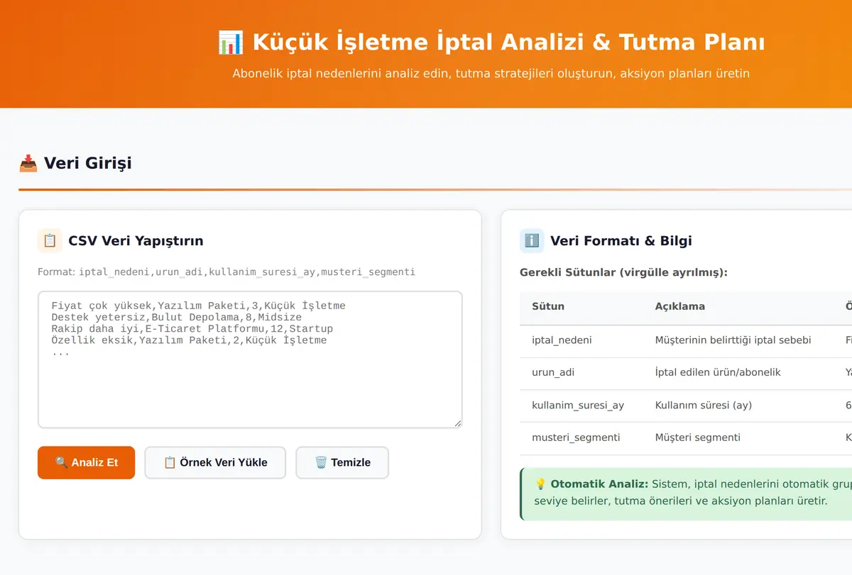 Küçük İşletme İptal Analizi & Tutma Planı ekran görüntüsü