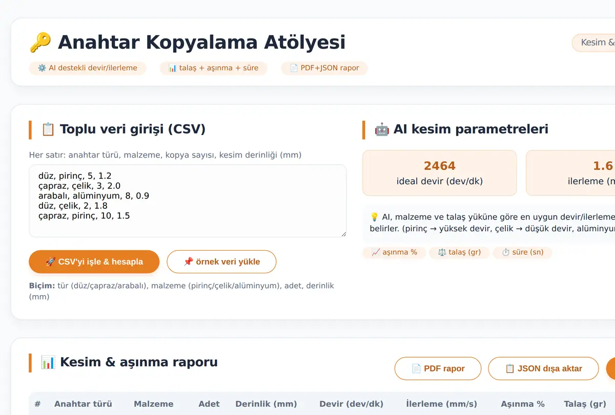 Anahtar Kopyalama Atölyesi · Kesim ve Aşınma Hesa ekran görüntüsü