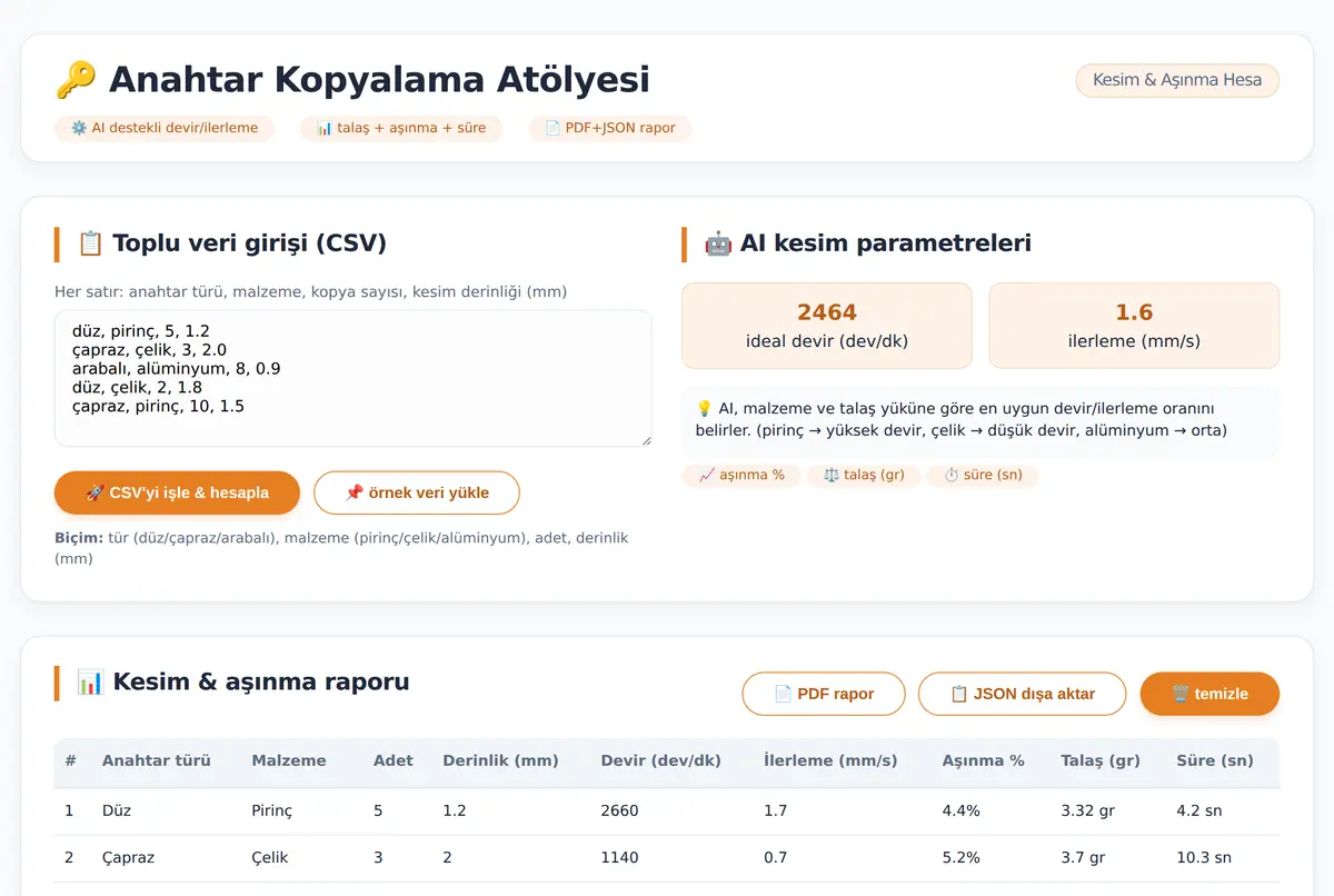 Anahtar Kopyalama Atölyesi · Kesim ve Aşınma Hesa ekran görüntüsü 2