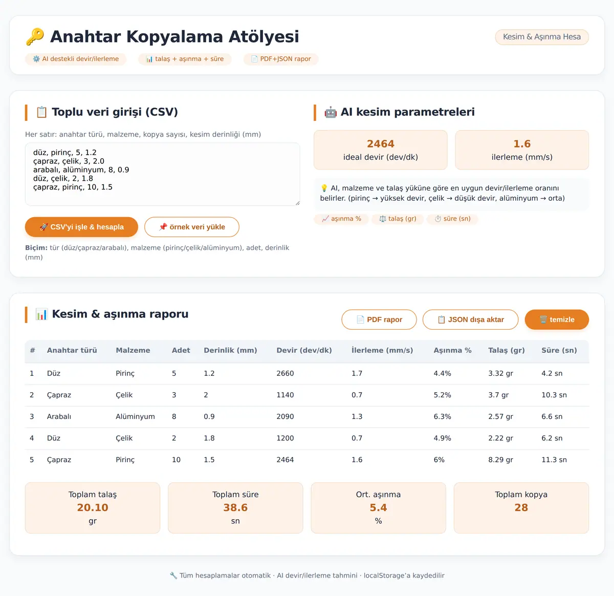 Anahtar Kopyalama Atölyesi · Kesim ve Aşınma Hesa ekran görüntüsü 3