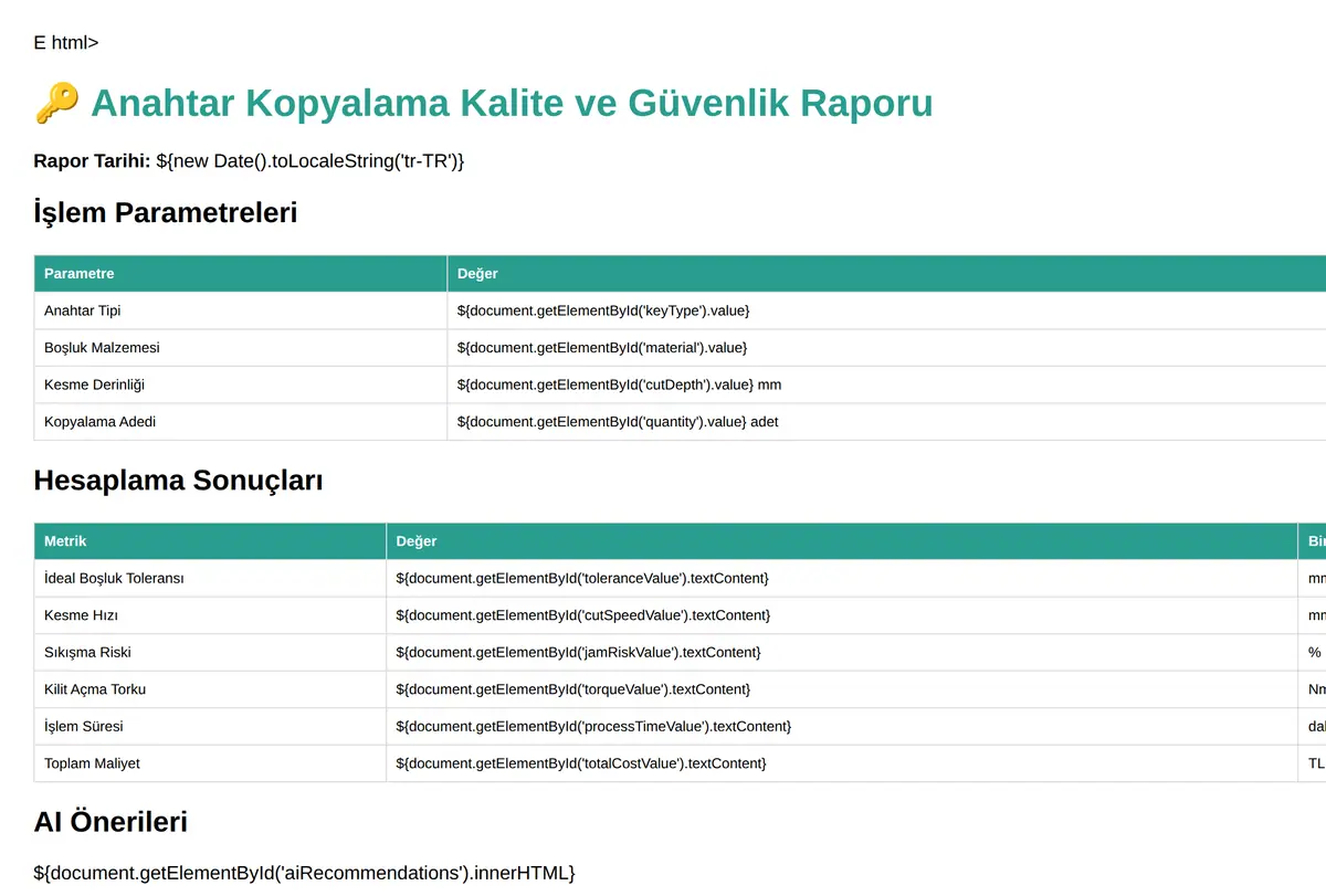 Anahtar Kopyalama Raporu ekran görüntüsü