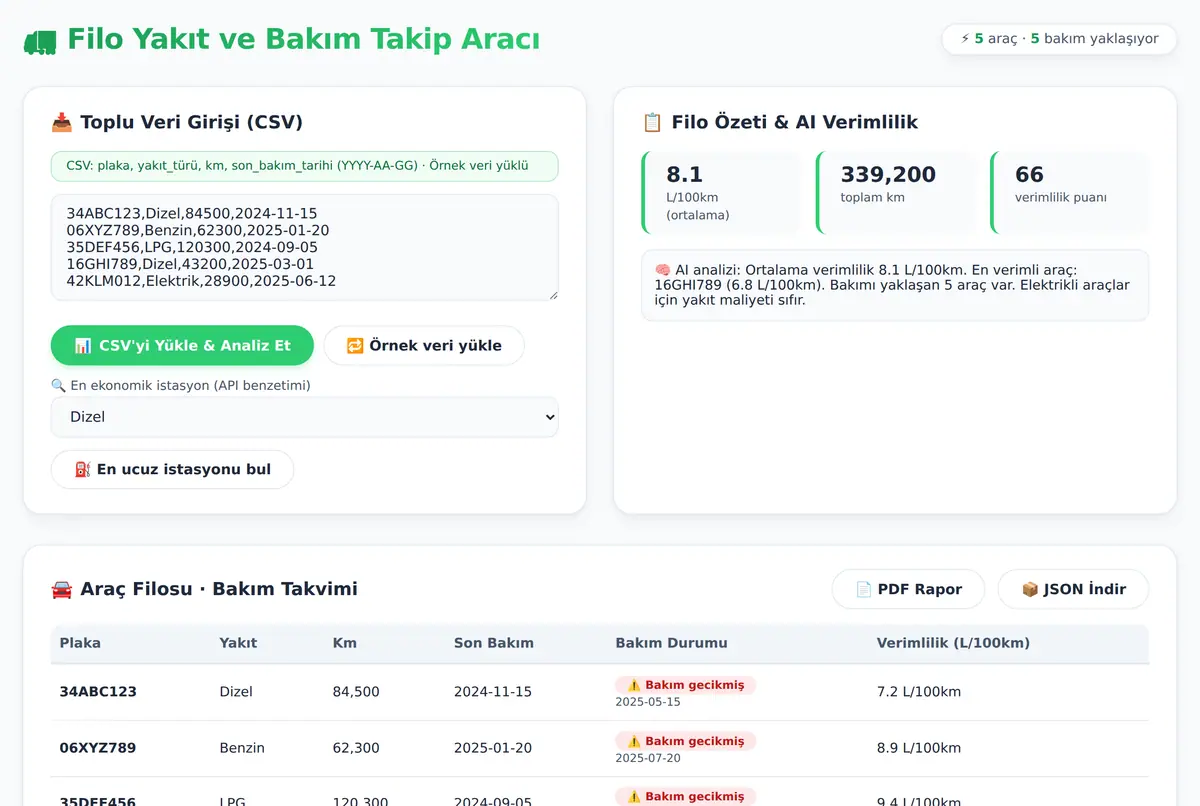 Filo Yakıt ve Bakım Takip Aracı ekran görüntüsü 2