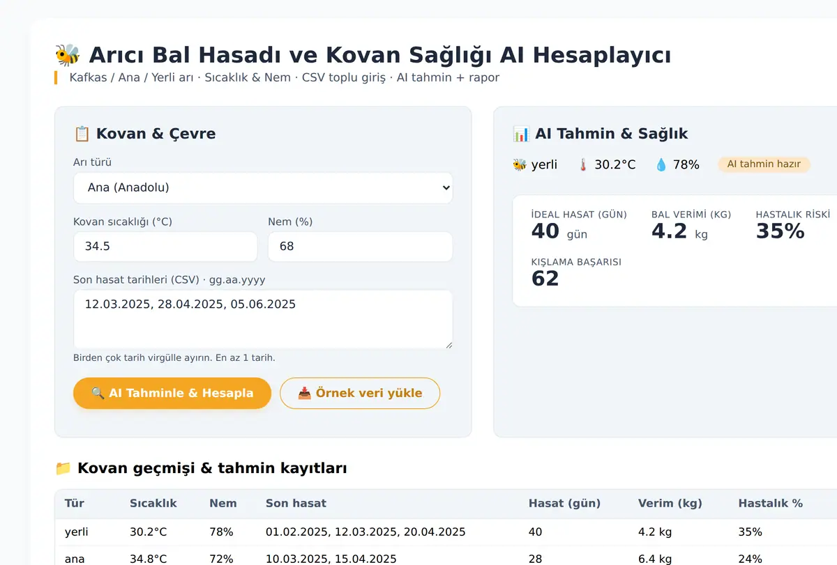 Arıcı Bal Hasadı ve Kovan Sağlığı AI Hesaplayıcı ekran görüntüsü