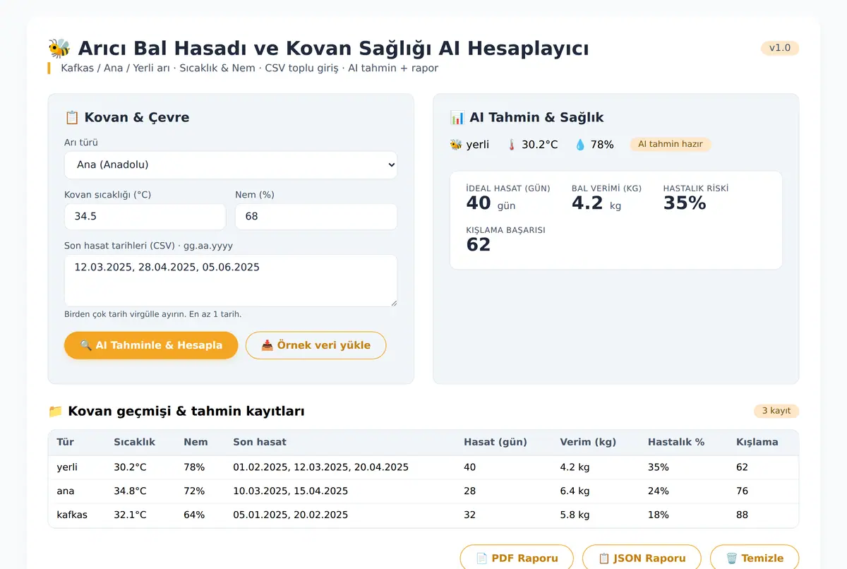 Arıcı Bal Hasadı ve Kovan Sağlığı AI Hesaplayıcı ekran görüntüsü 2