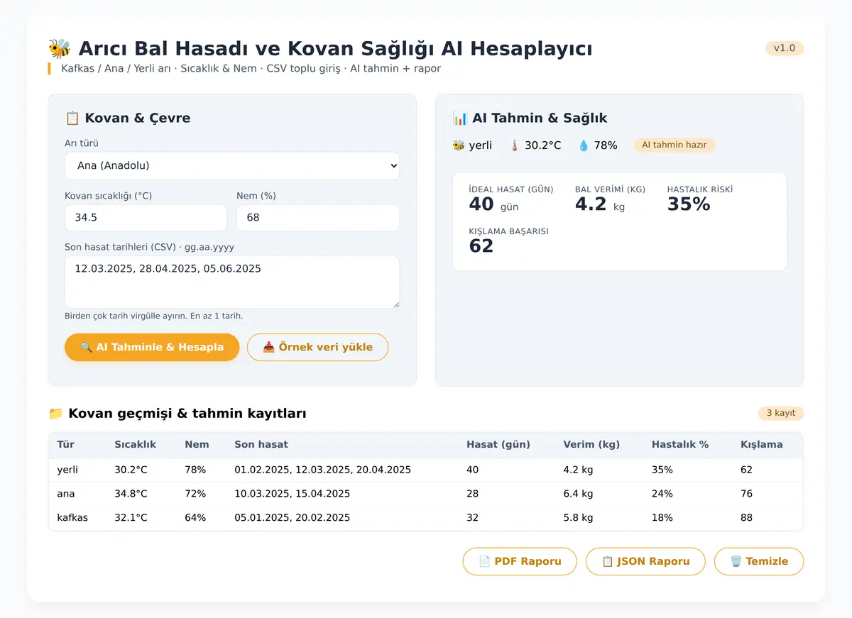 Arıcı Bal Hasadı ve Kovan Sağlığı AI Hesaplayıcı ekran görüntüsü 3