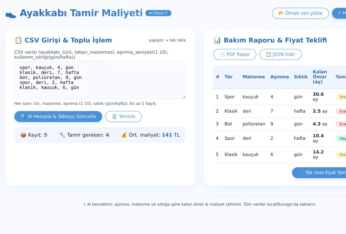 Ayakkabı Tamir Maliyeti Hesaplayıcı & AI Ömür T ekran görüntüsü