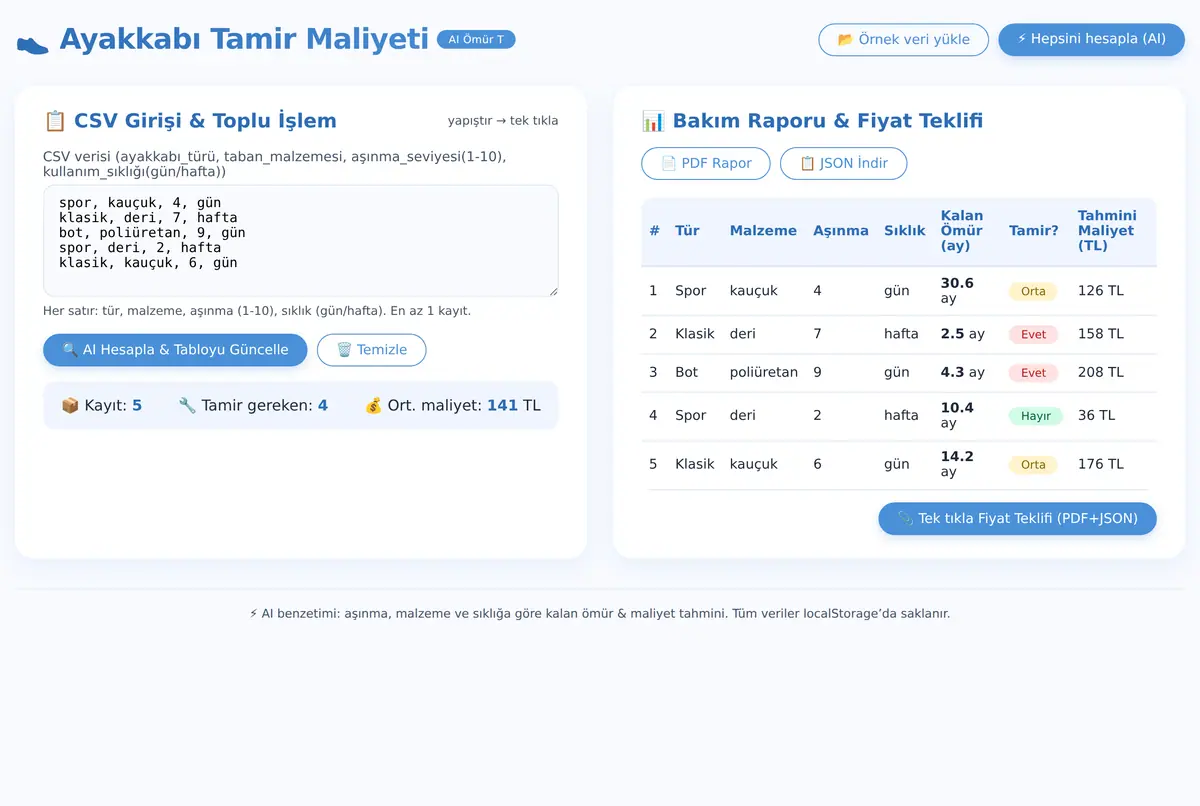 Ayakkabı Tamir Maliyeti Hesaplayıcı & AI Ömür T ekran görüntüsü 2