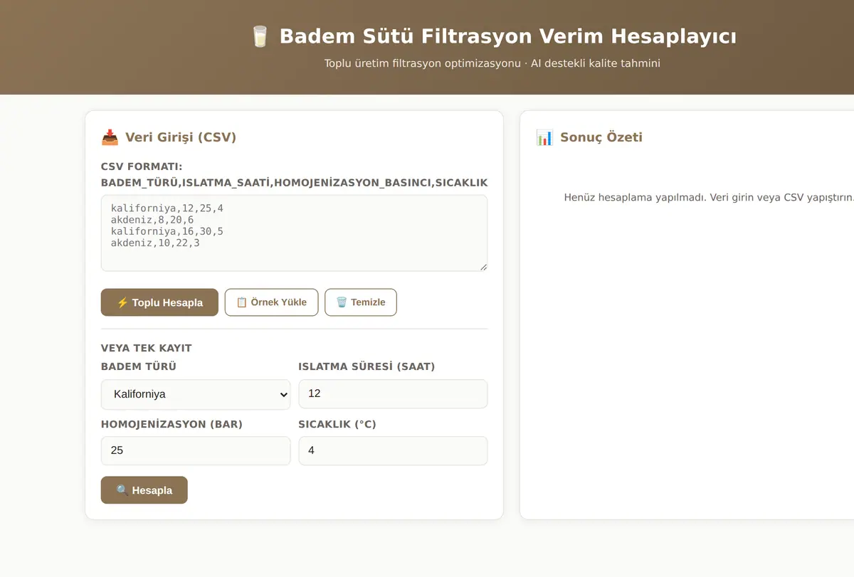 Badem Sütü Filtrasyon Verim Hesaplayıcı ekran görüntüsü