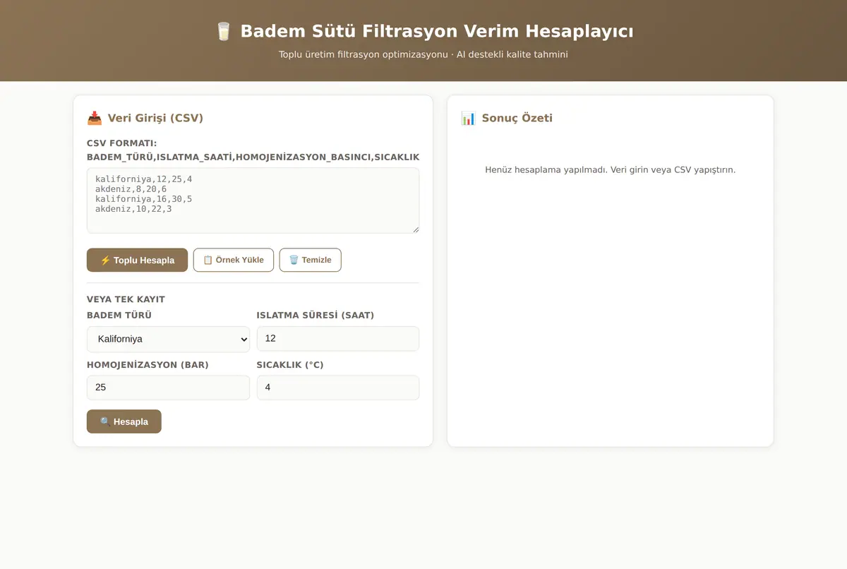 Badem Sütü Filtrasyon Verim Hesaplayıcı ekran görüntüsü 2