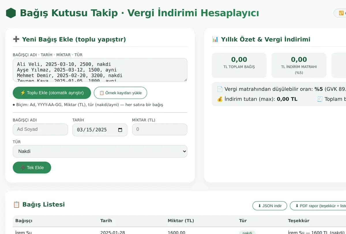 Bağış Kutusu Takip ve Vergi İndirimi ekran görüntüsü