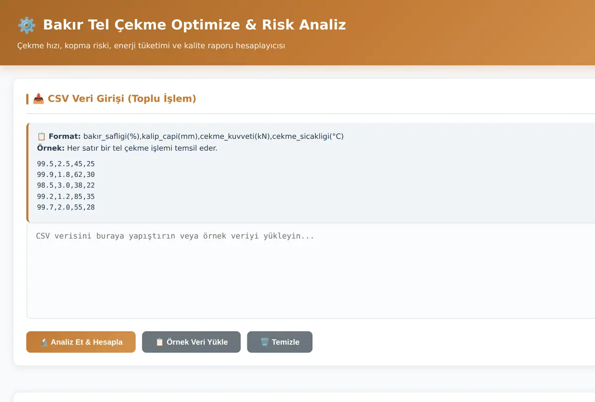 Bakır Tel Çekme Optimize & Risk Analiz ekran görüntüsü
