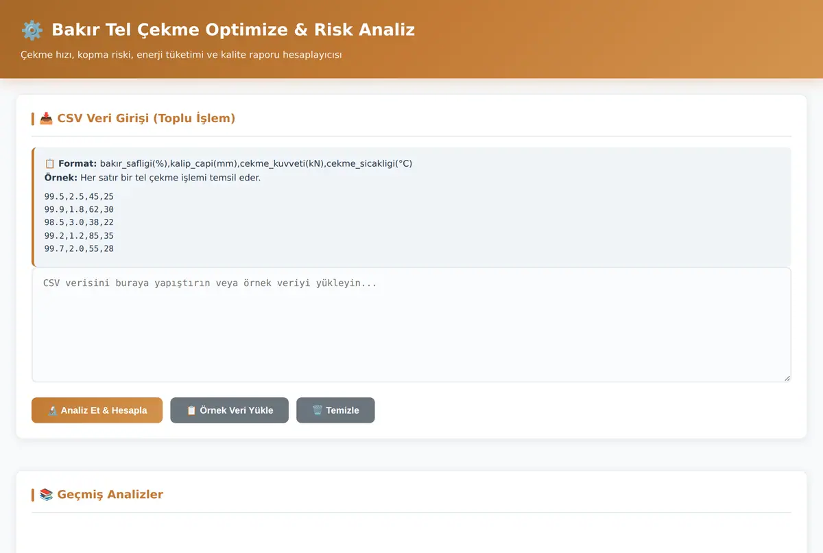 Bakır Tel Çekme Optimize & Risk Analiz ekran görüntüsü 2