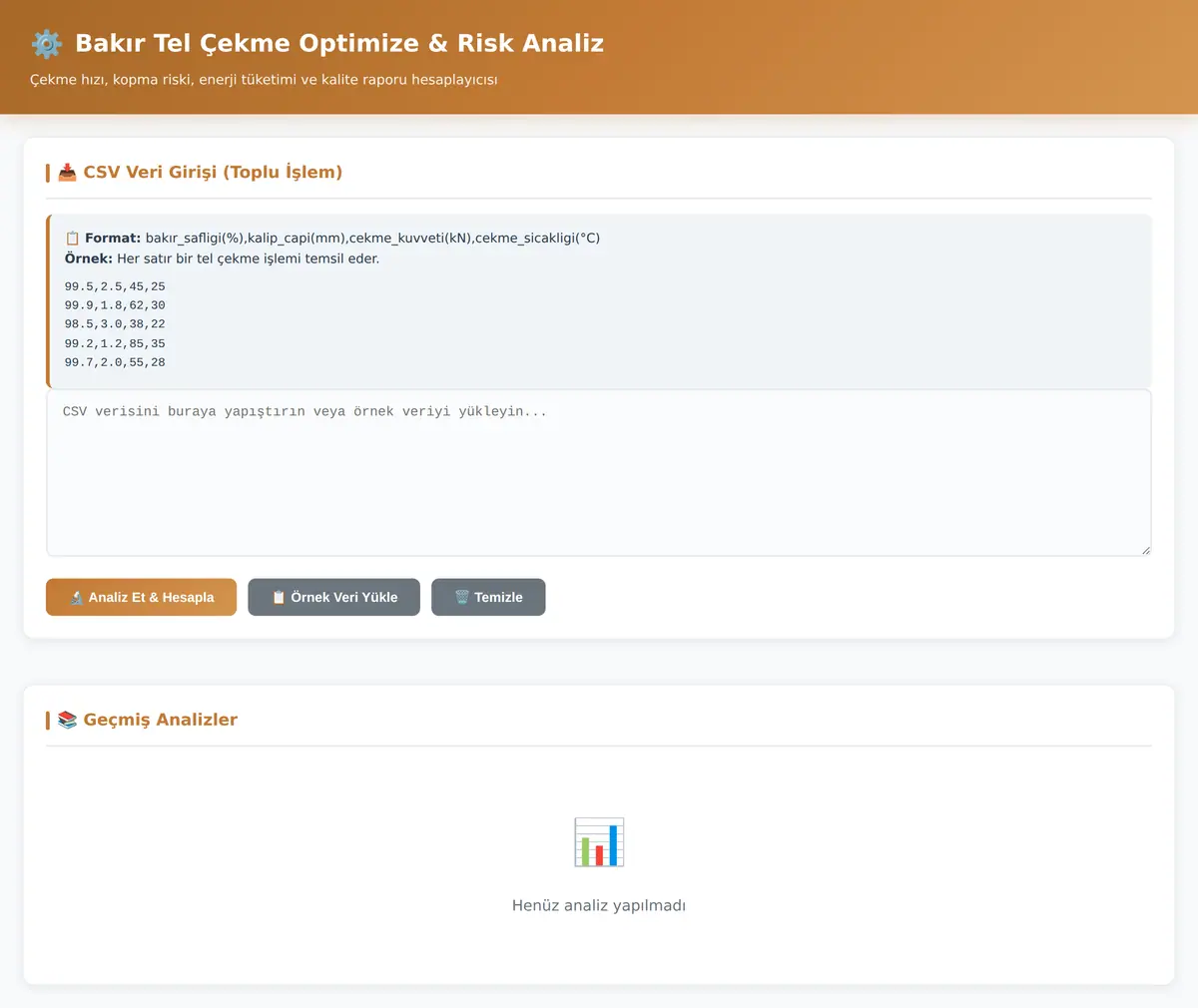 Bakır Tel Çekme Optimize & Risk Analiz ekran görüntüsü 3