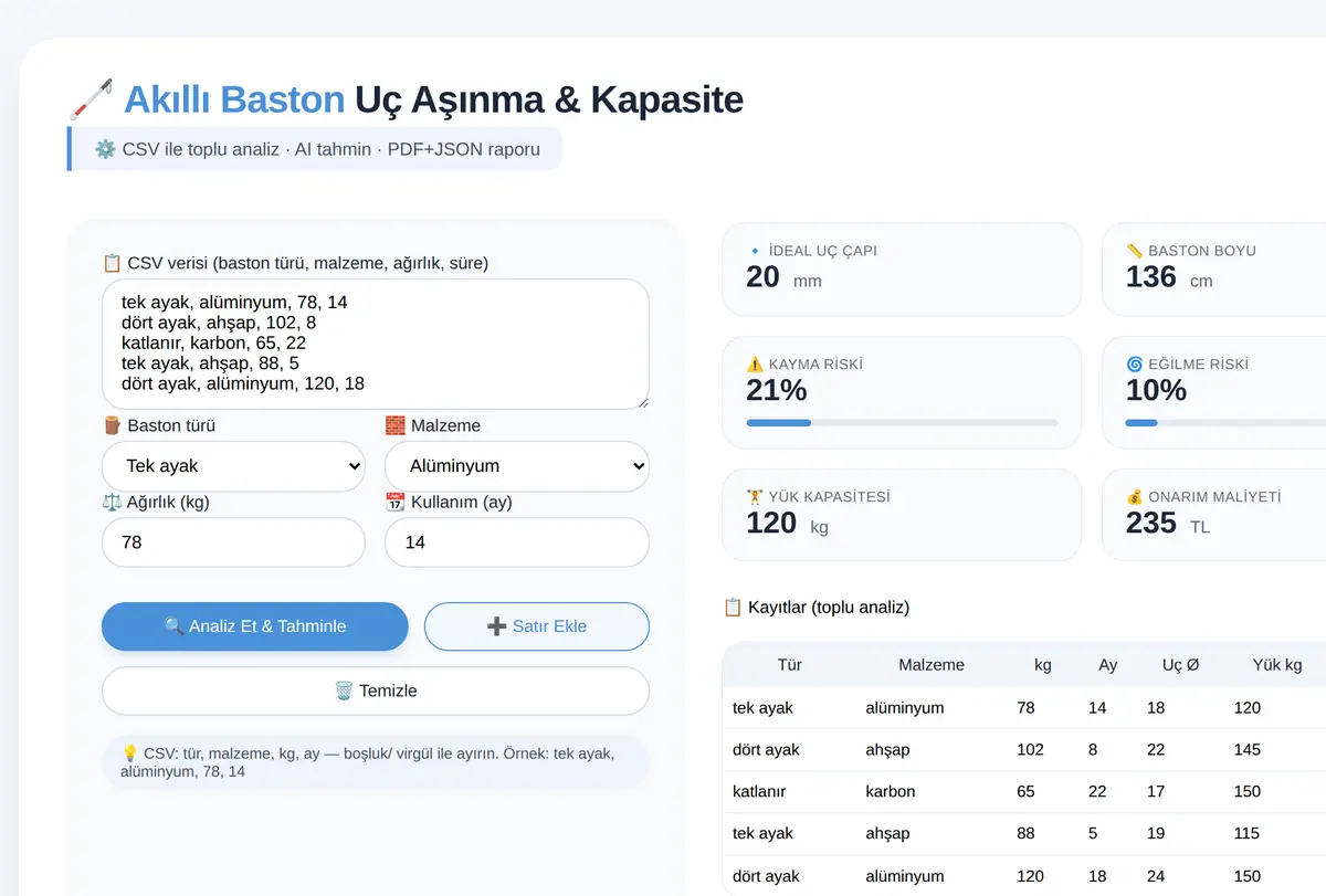 Akıllı Baston Uç Aşınma ve Kapasite Hesaplayıcı ekran görüntüsü