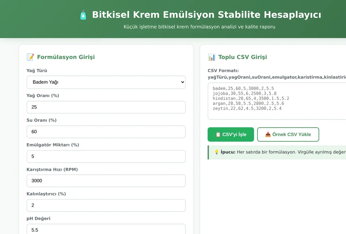 Bitkisel Krem Emülsiyon Stabilite Hesaplayıcı ekran görüntüsü