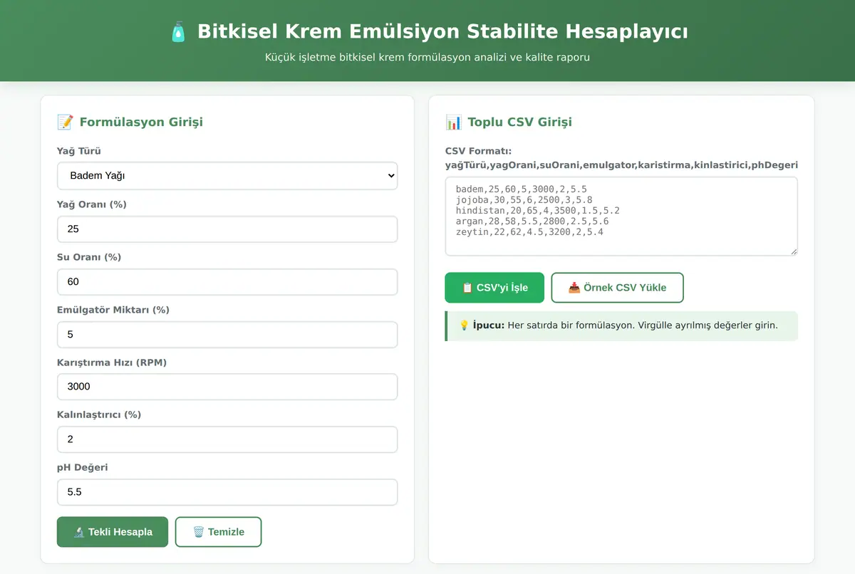 Bitkisel Krem Emülsiyon Stabilite Hesaplayıcı ekran görüntüsü 2