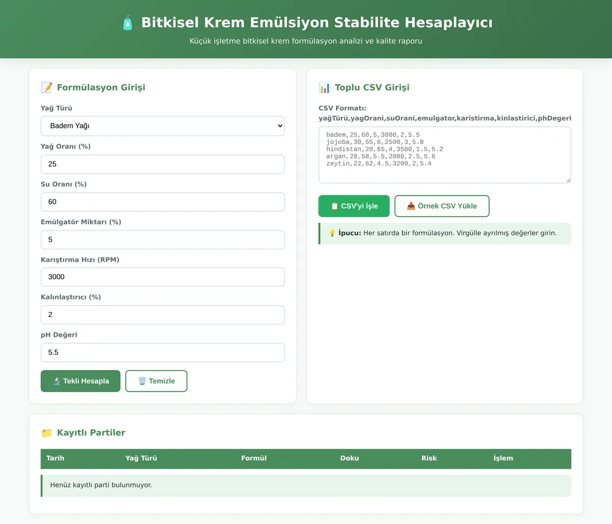 Bitkisel Krem Emülsiyon Stabilite Hesaplayıcı ekran görüntüsü 3