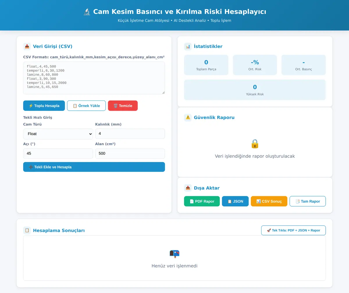 Cam Kesim Basıncı ve Kırılma Riski Hesaplayıcı ekran görüntüsü 3