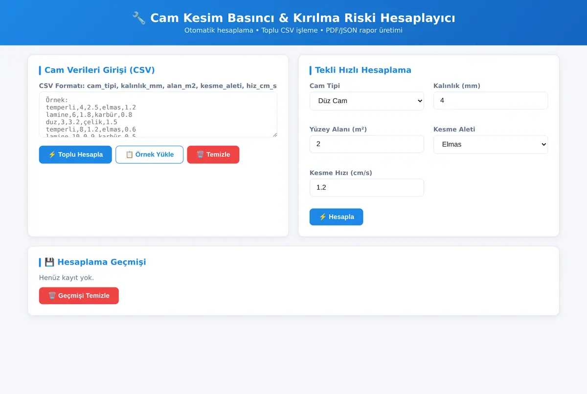 Cam Kesim Basıncı & Kırılma Riski Hesaplayıcı ekran görüntüsü 2