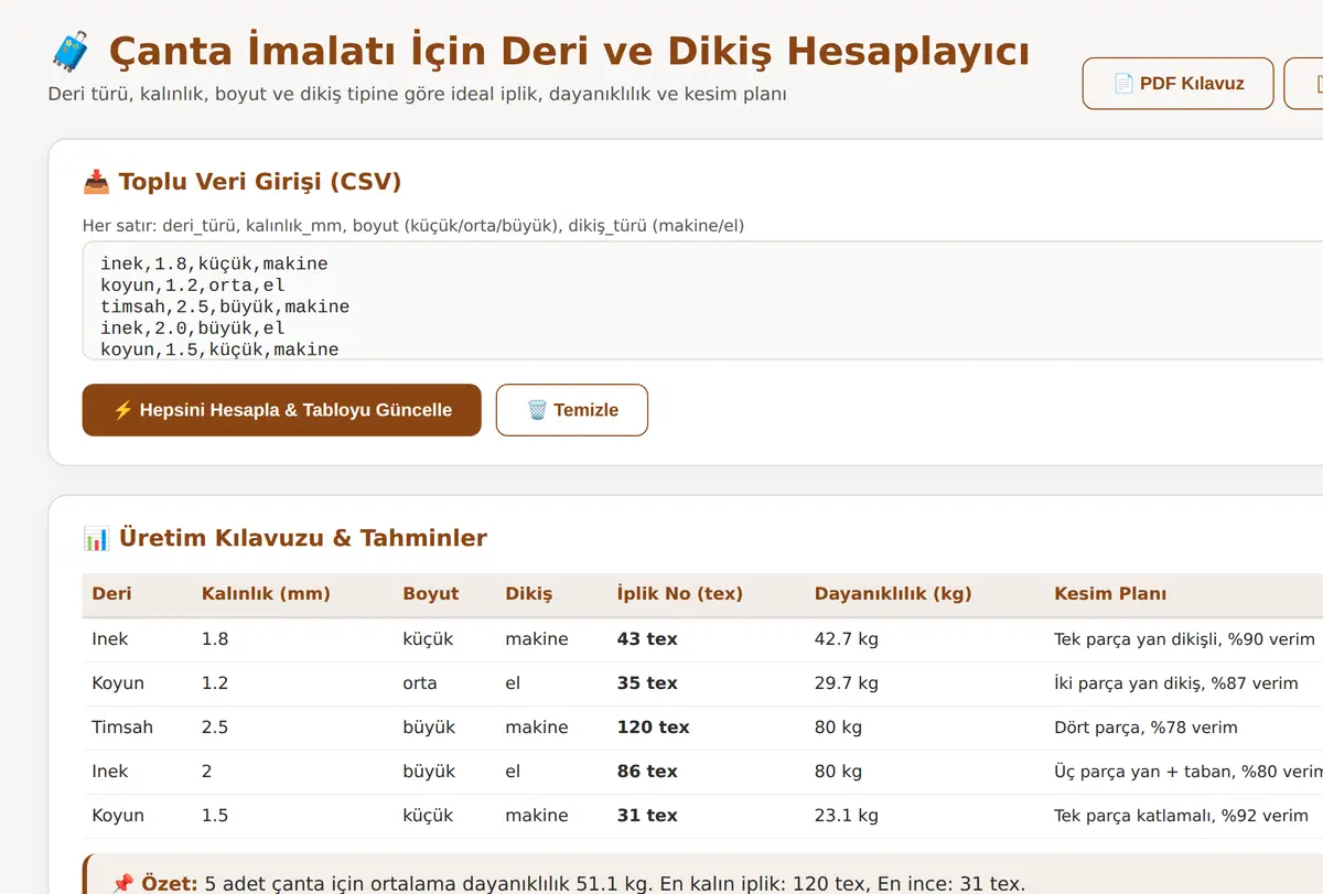 Çanta İmalatı İçin Deri ve Dikiş Hesaplayıcı ekran görüntüsü