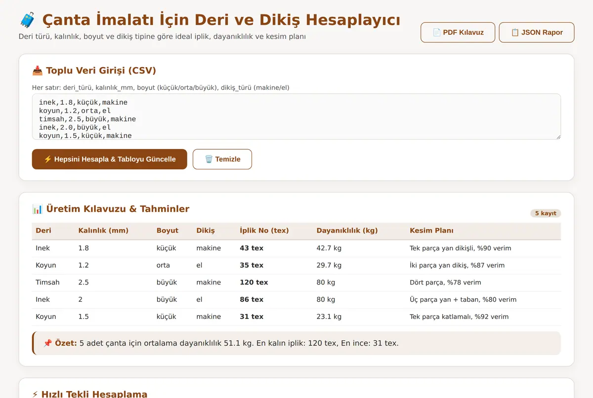 Çanta İmalatı İçin Deri ve Dikiş Hesaplayıcı ekran görüntüsü 2