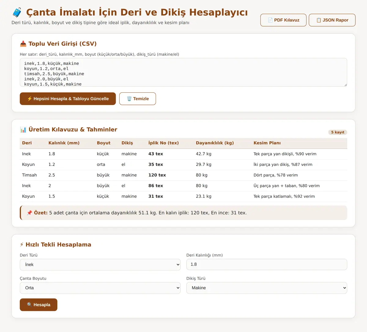 Çanta İmalatı İçin Deri ve Dikiş Hesaplayıcı ekran görüntüsü 3