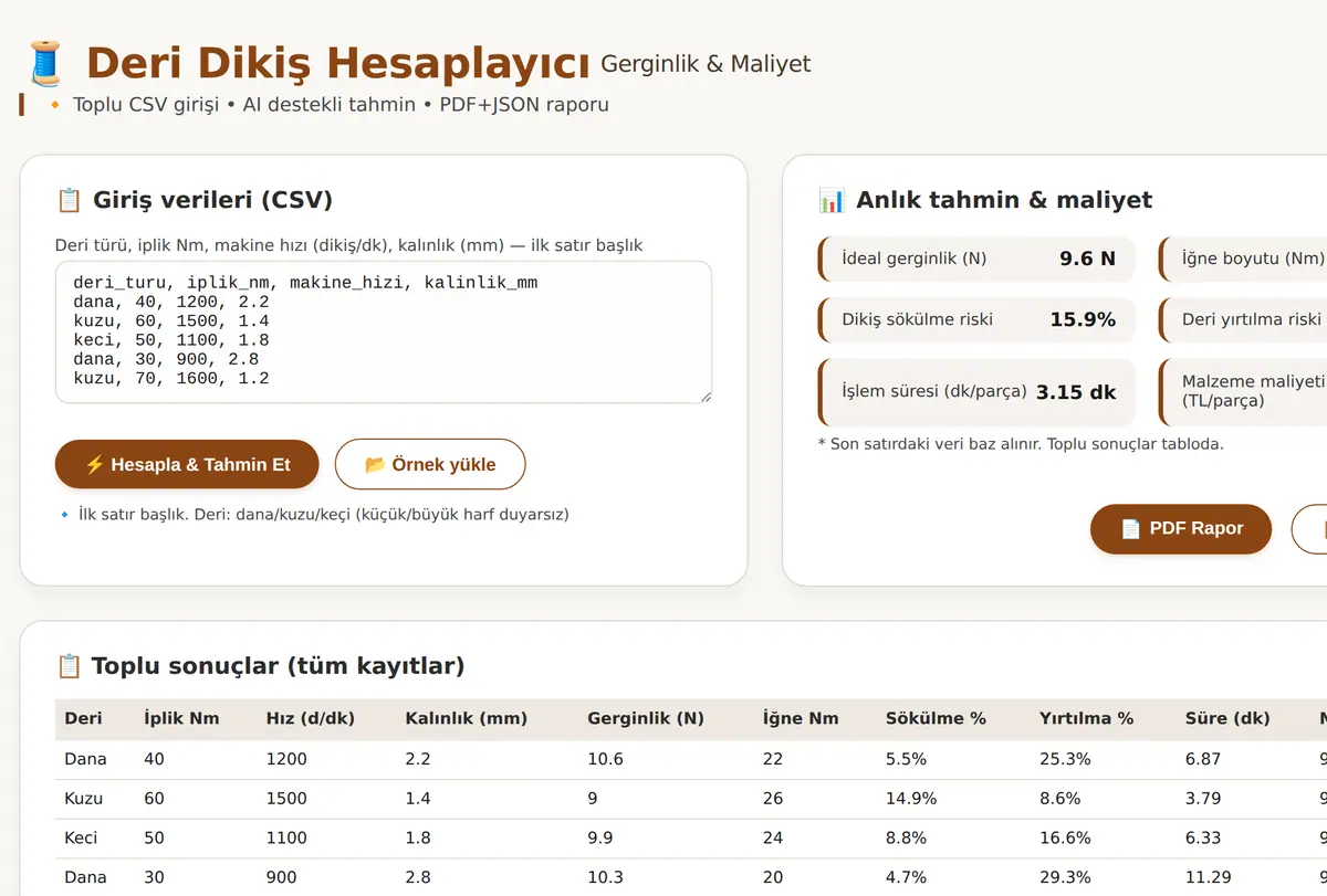 Deri Dikiş Hesaplayıcı: Gerginlik & Maliyet Ana ekran görüntüsü