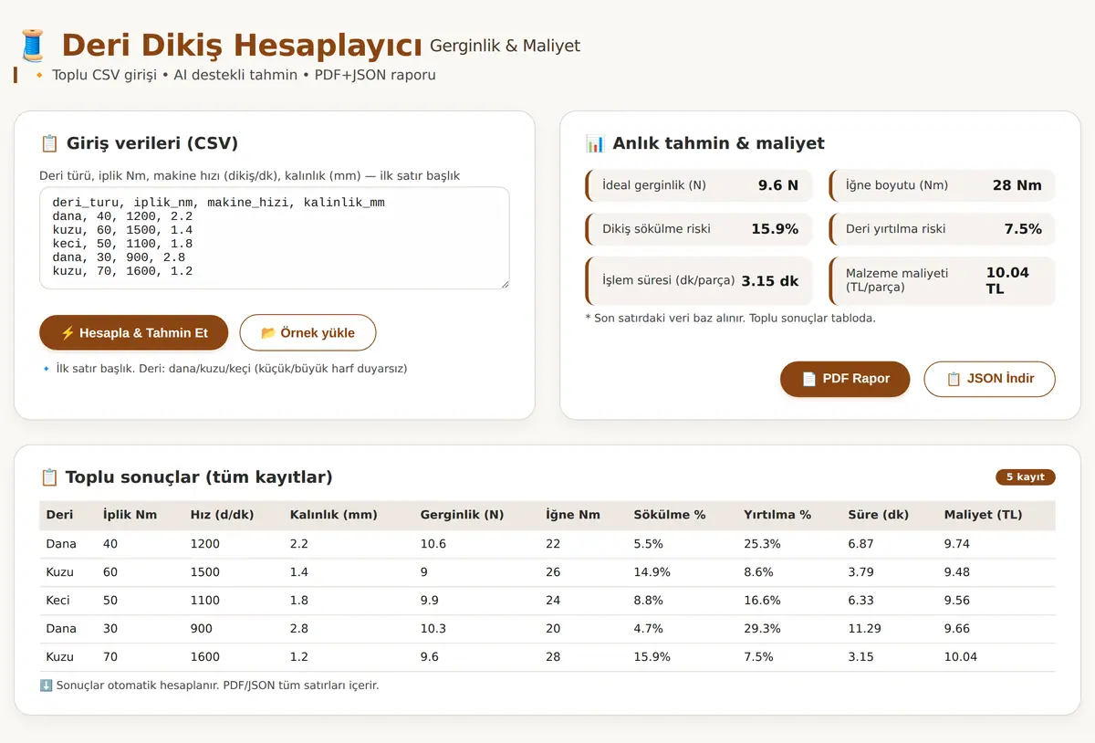 Deri Dikiş Hesaplayıcı: Gerginlik & Maliyet Ana ekran görüntüsü 3