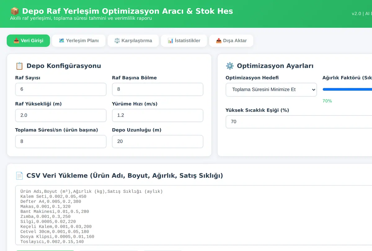 Depo Raf Yerleşim Optimizasyon Aracı & Stok Hesaplama ekran görüntüsü